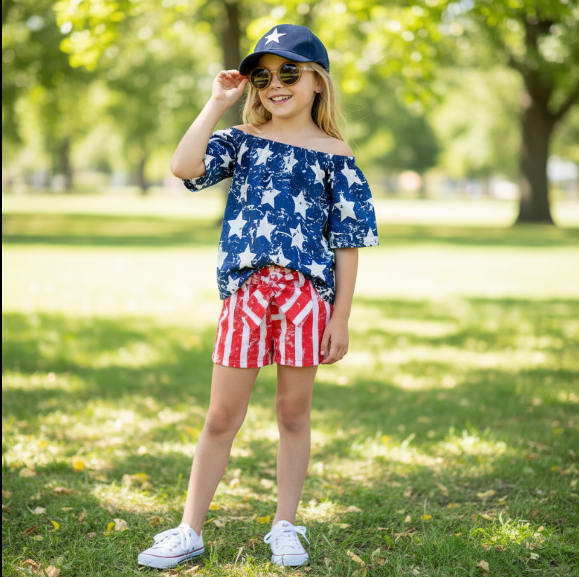 Girls Stars & Stripes Patriotic Outfit – Blue Star Top & Red Stripe Bow Shorts Set