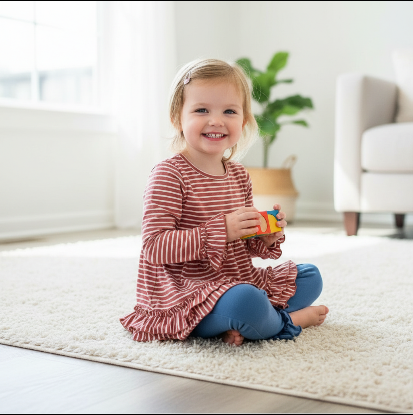 Girls Mila Ruffle Stripe Outfit – Red & White Long Sleeve Dress with Blue Leggings Set