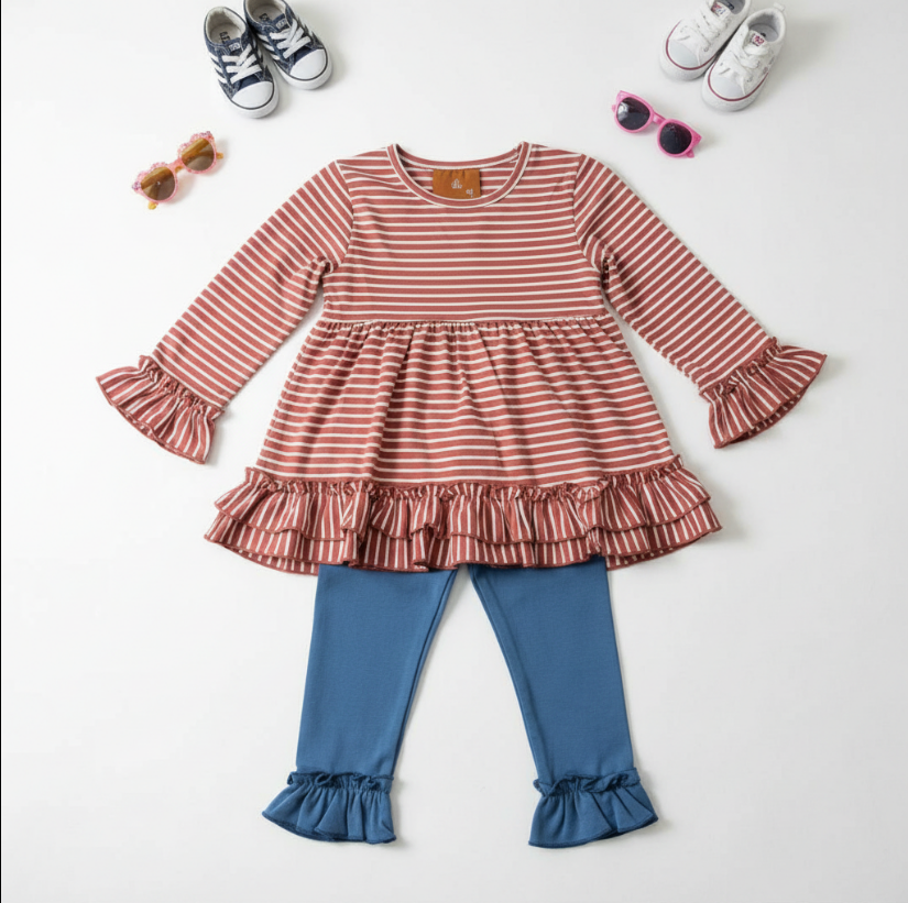 Girls Mila Ruffle Stripe Outfit – Red & White Long Sleeve Dress with Blue Leggings Set