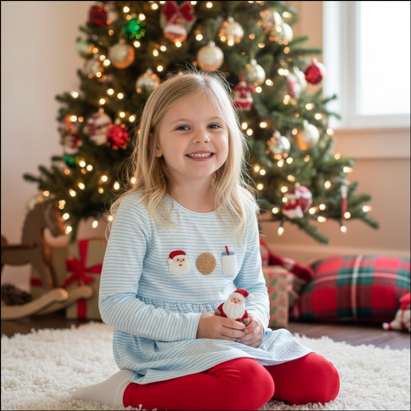 Girls Milk & Cookies Christmas Outfit – Striped Santa Dress with Red Leggings Set