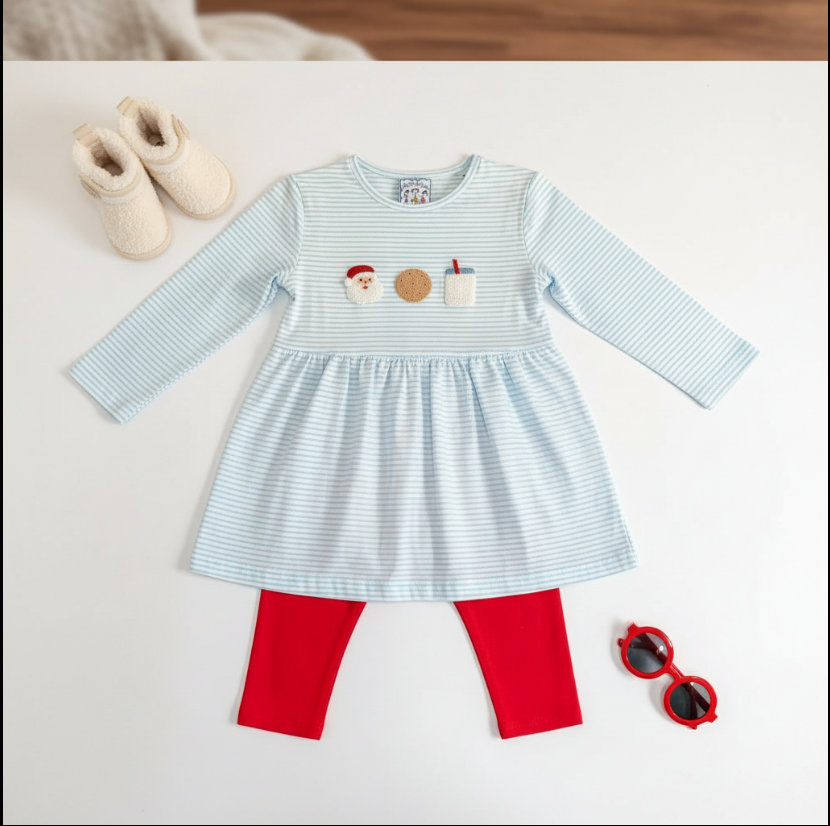 Girls Milk & Cookies Christmas Outfit – Striped Santa Dress with Red Leggings Set