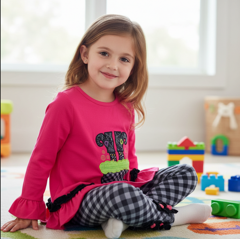 Girls Witch’s Stew Halloween Outfit – Pink Ruffle Top & Gingham Bow Leggings Set