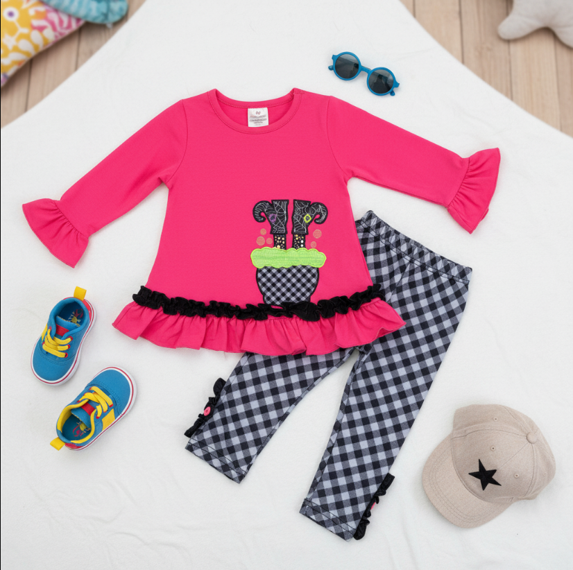 Girls Witch’s Stew Halloween Outfit – Pink Ruffle Top & Gingham Bow Leggings Set