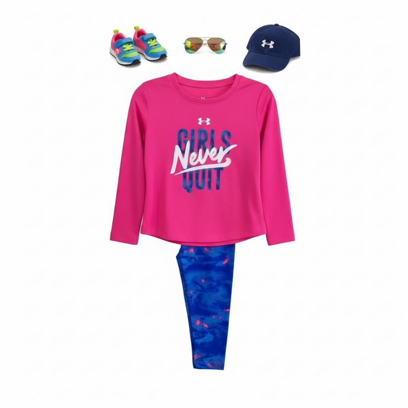 Girls “Never Quit” Under Armour Outfit – Motivational Pink Long Sleeve Tee & Blue Patterned Leggings Set