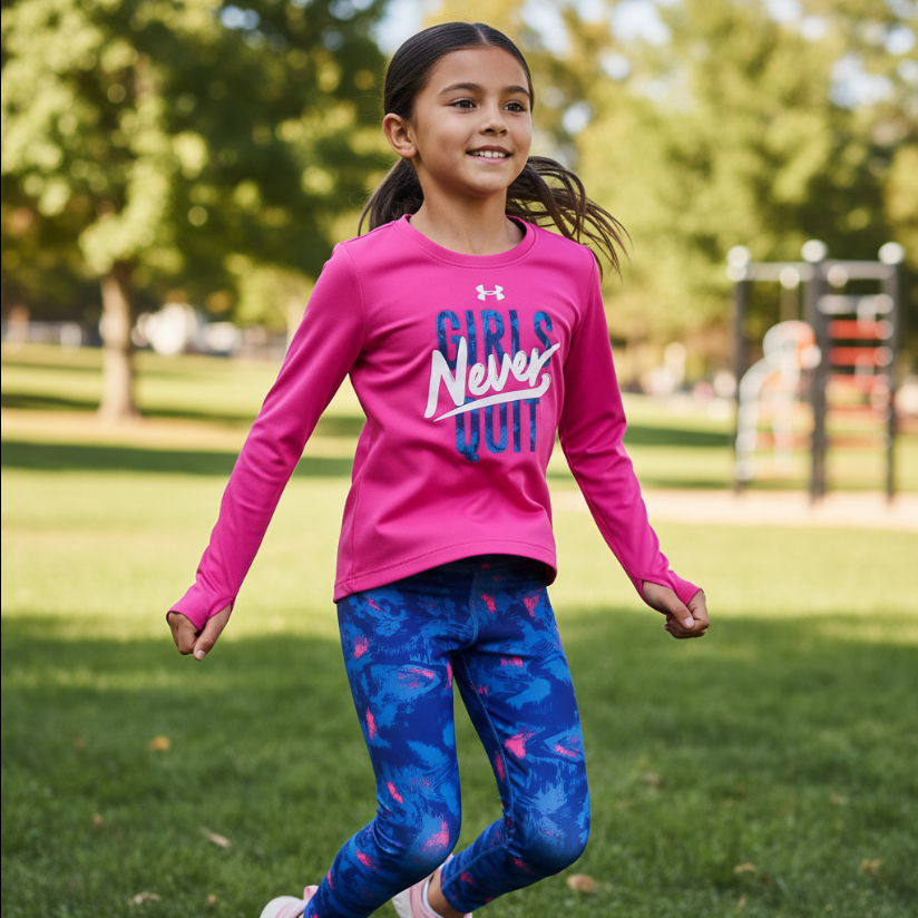 Girls “Never Quit” Under Armour Outfit – Motivational Pink Long Sleeve Tee & Blue Patterned Leggings Set
