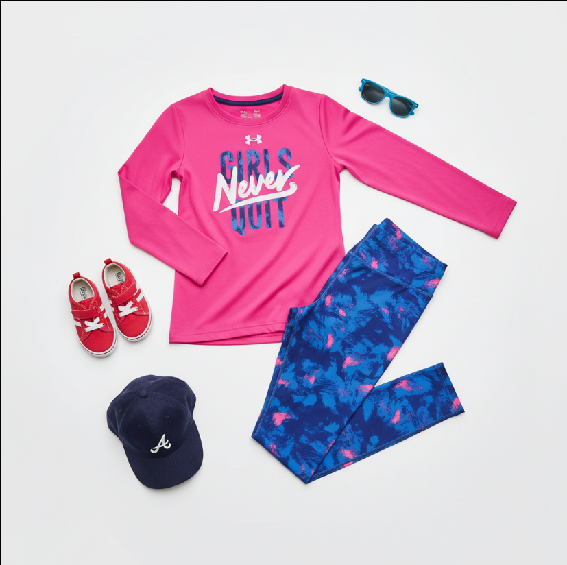 Girls “Never Quit” Under Armour Outfit – Motivational Pink Long Sleeve Tee & Blue Patterned Leggings Set