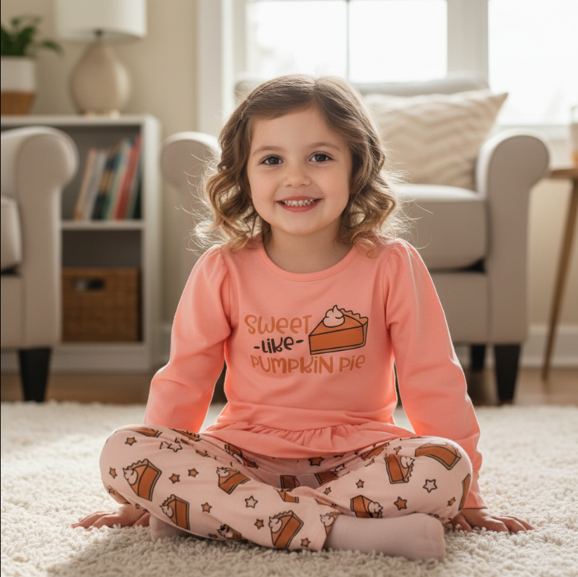 Girls “Sweet Like Pumpkin Pie” Fall Outfit – Pink Ruffle Top & Pumpkin Pie Print Skirt Set