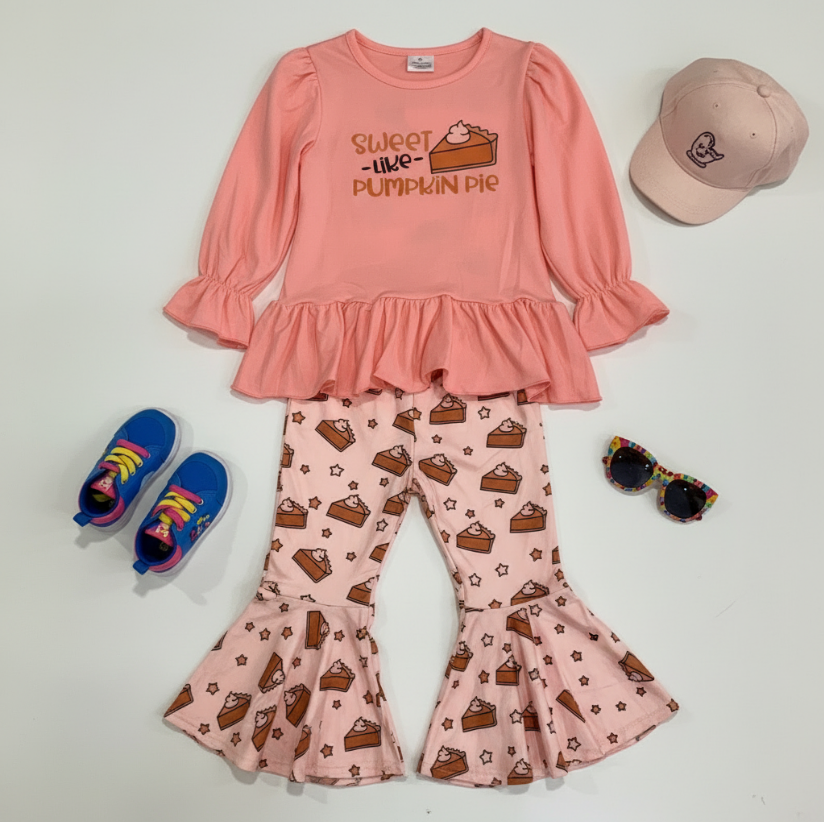 Girls “Sweet Like Pumpkin Pie” Fall Outfit – Pink Ruffle Top & Pumpkin Pie Print Skirt Set