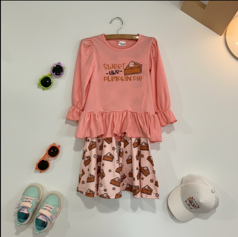 Girls “Sweet Like Pumpkin Pie” Fall Outfit – Pink Ruffle Top & Pumpkin Pie Print Skirt Set