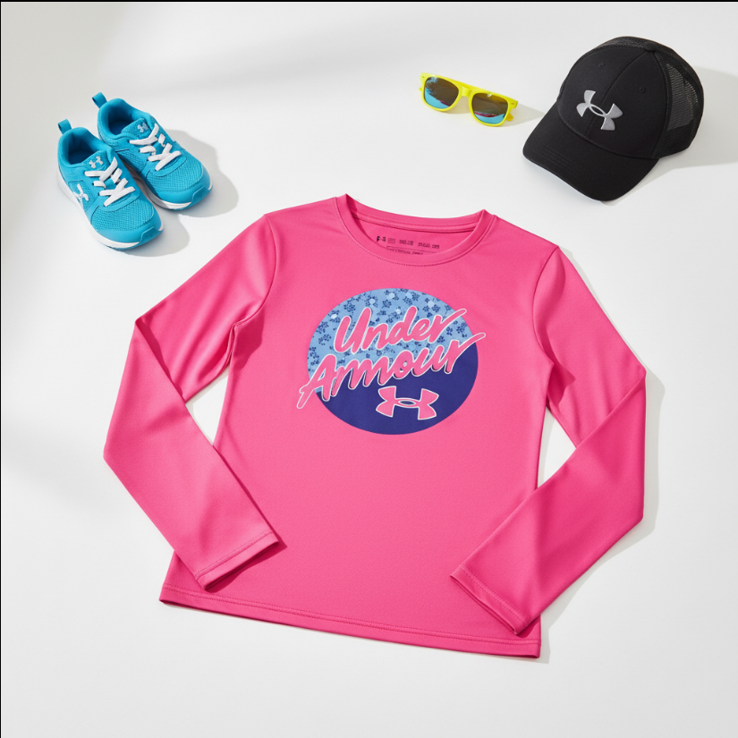 Girls Under Armour Signature Long Sleeve Set – Pink Logo Tee & Black Shorts Outfit