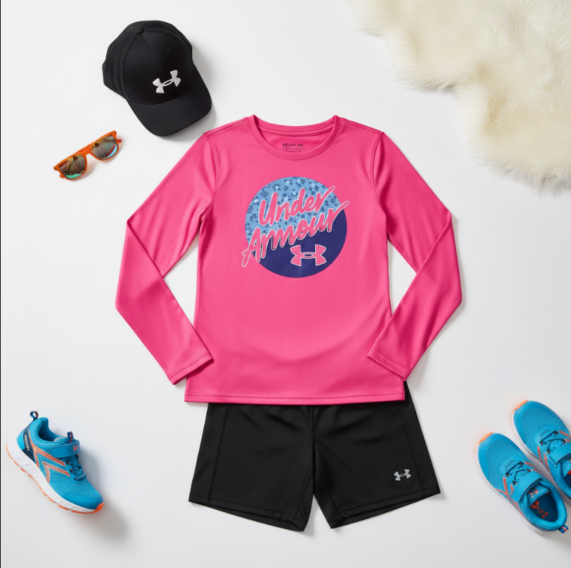 Girls Under Armour Signature Long Sleeve Set – Pink Logo Tee & Black Shorts Outfit