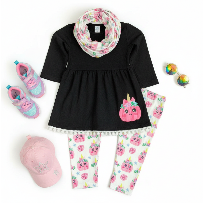 Girls Pink Pumpkin Unicorn Fall Outfit – 3-Piece Dress, Leggings & Scarf Set