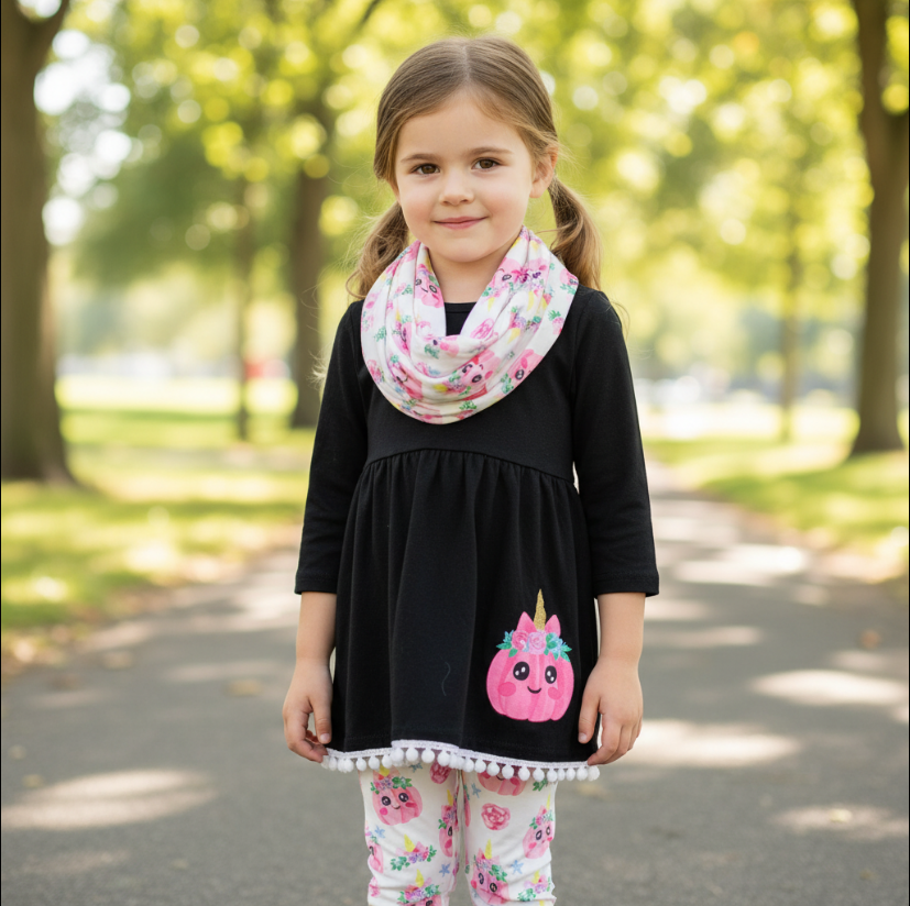 Girls Pink Pumpkin Unicorn Fall Outfit – 3-Piece Dress, Leggings & Scarf Set
