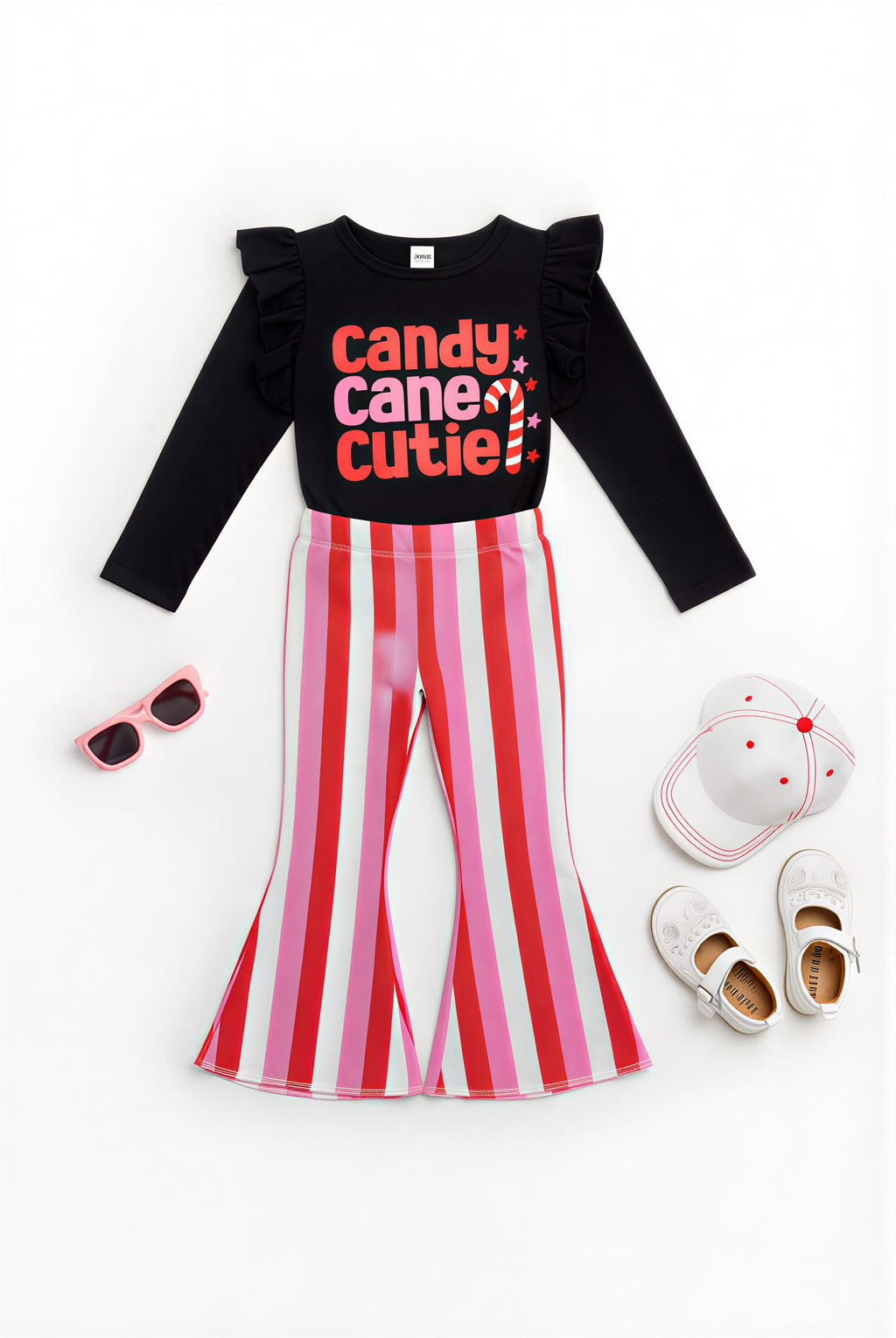 Girls Candy Cane Cutie Christmas Outfit – Black Ruffle Top & Pink/Red Striped Bell Bottom Pants Set