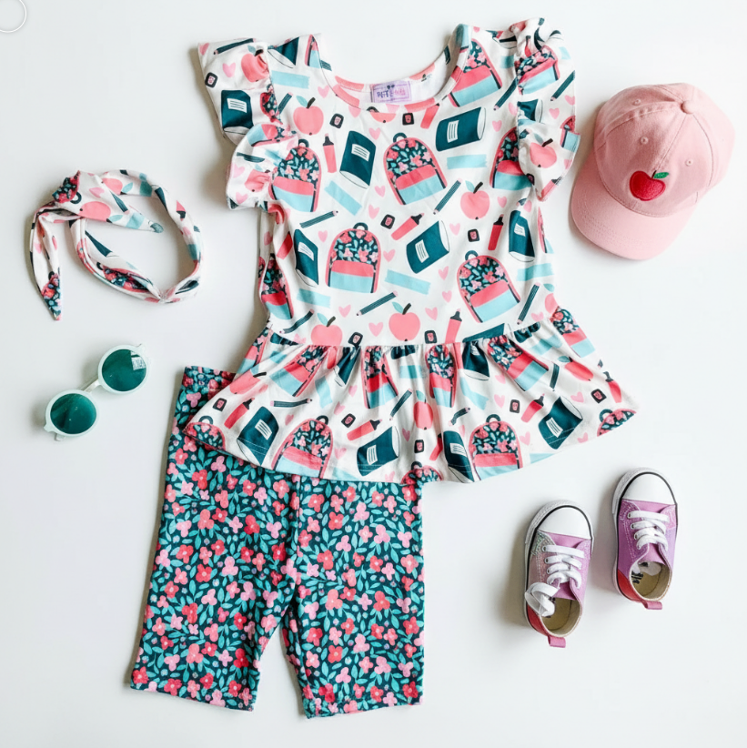 Girls Study Buddies Back-to-School Set – Peplum Top, Floral Leggings & Matching Headband