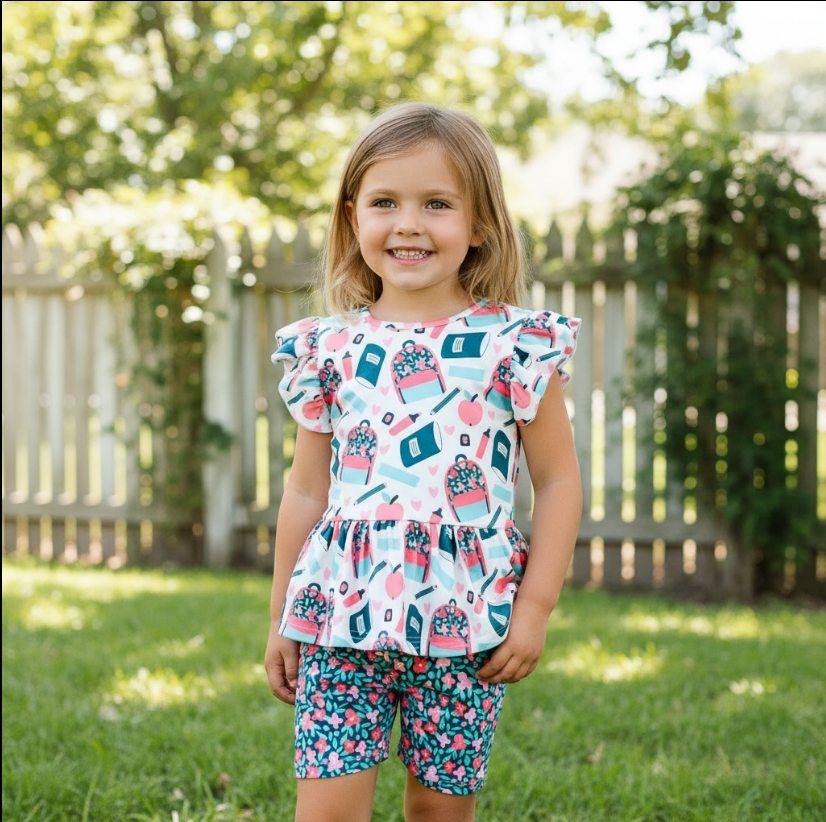 Girls Study Buddies Back-to-School Set – Peplum Top, Floral Leggings & Matching Headband