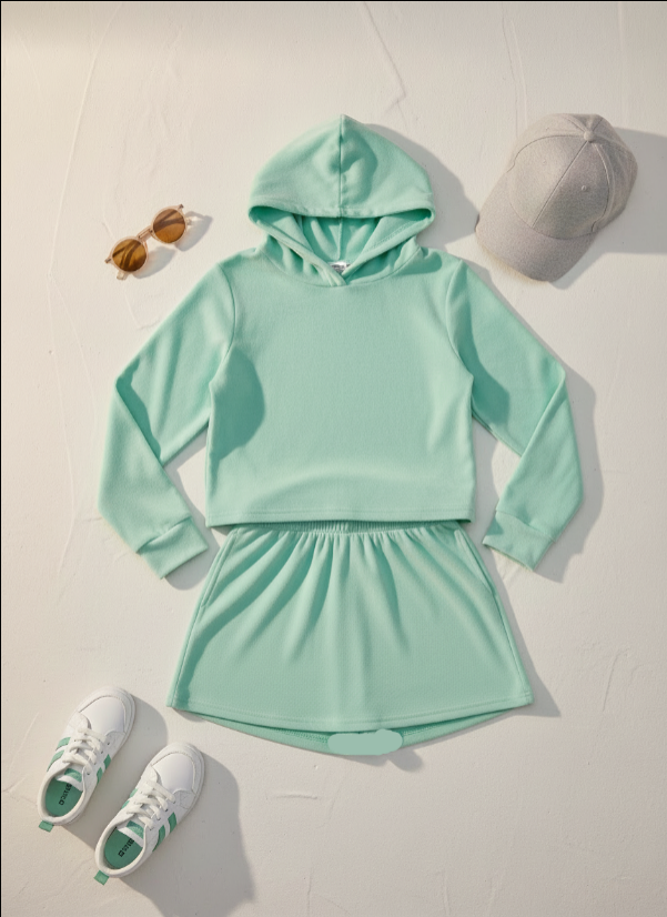 Girls’ Dusty Jade Velour Hoodie & Skort Set – Lift-Off Lounge Fit (Cozy Luxe Collection)