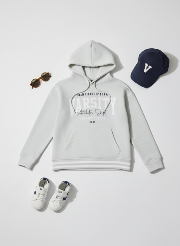 Girls’ Varsity Fleece Pullover Hoodie – Athletic Dept. Print & Kanga Pocket (Campus Collection)