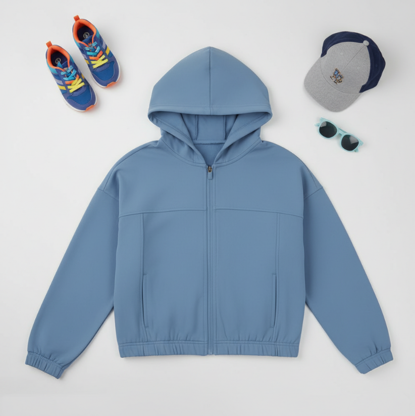 Girls’ Cloud Plush Crop Hoodie – Coronet Blue Zip-Up Jacket (Ludlow Collection)