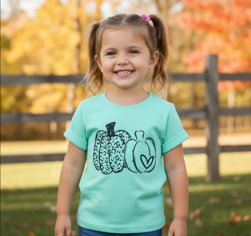 Kids Mint Pumpkin Fall Tee – Leopard & Heart Graphic Shirt for Girls