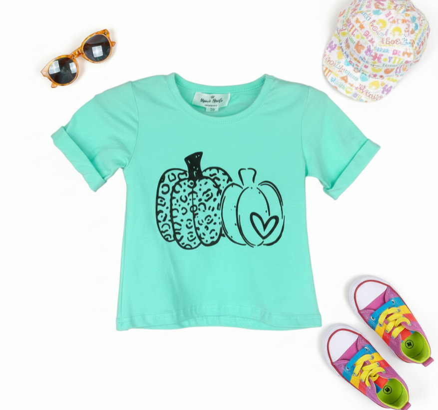 Kids Mint Pumpkin Fall Tee – Leopard & Heart Graphic Shirt for Girls