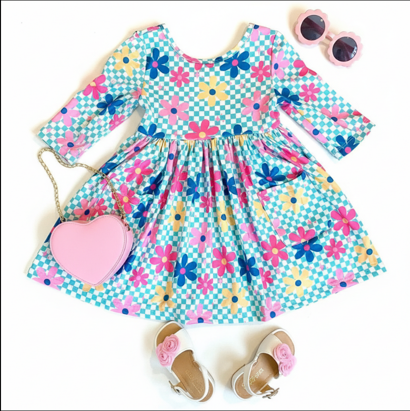Girls Crazy Daisy Twirl Dress – Blue Gingham Floral Long Sleeve Dress for Spring & Summer
