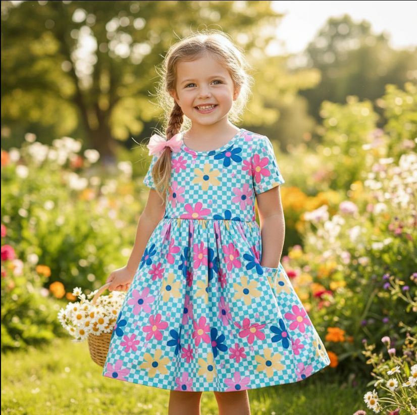 Girls Crazy Daisy Twirl Dress – Blue Gingham Floral Long Sleeve Dress for Spring & Summer