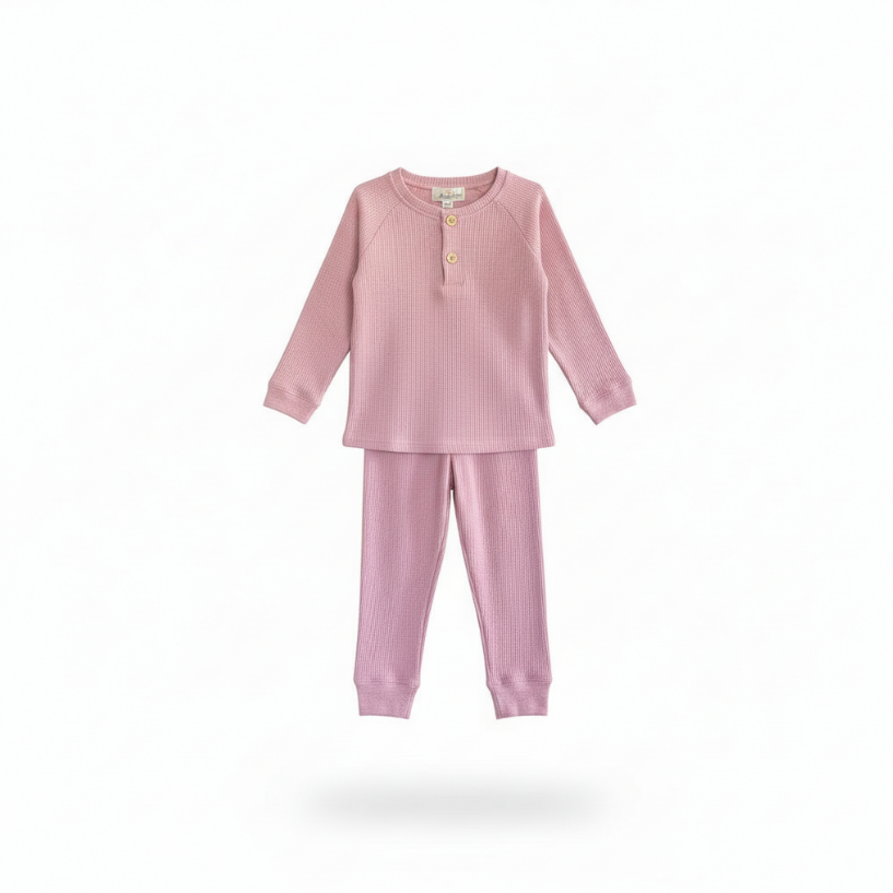 Girls Pink Waffle Knit Lounge Set – Cozy Long Sleeve Top & Jogger Pants