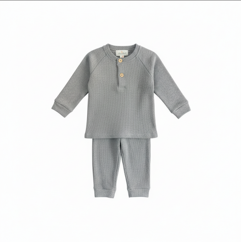 Unisex Grey Waffle Knit Lounge Set – Long Sleeve Henley Top & Jogger Pants for Toddlers
