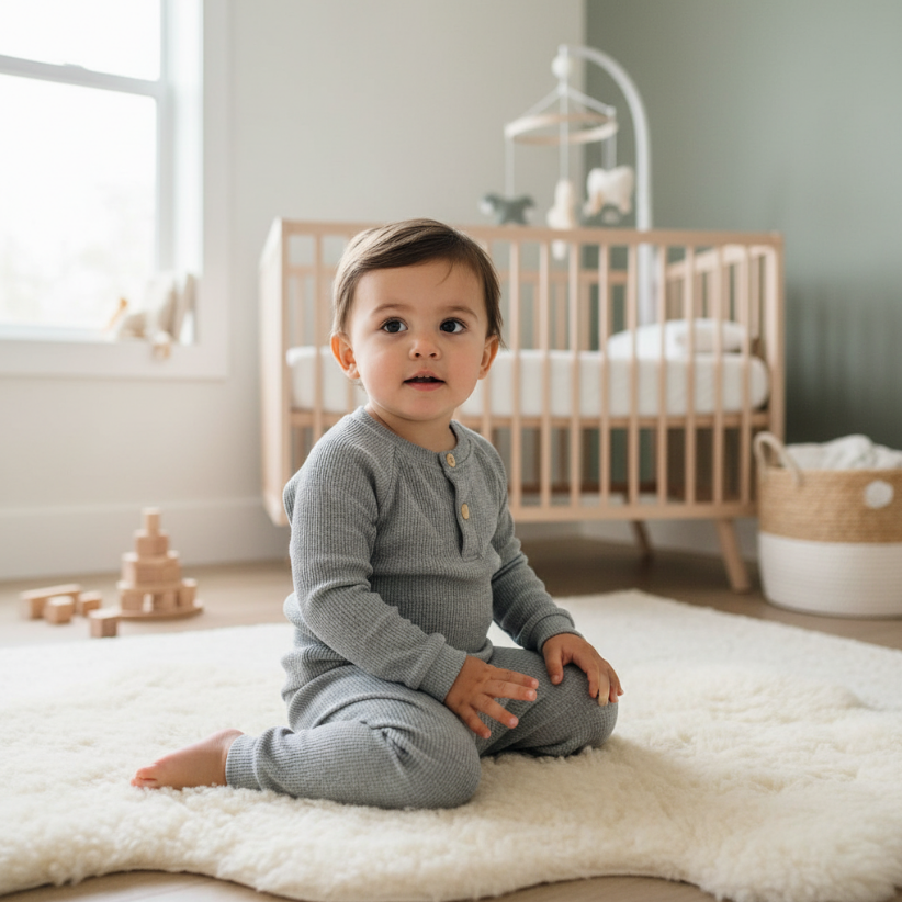 Unisex Grey Waffle Knit Lounge Set – Long Sleeve Henley Top & Jogger Pants for Toddlers