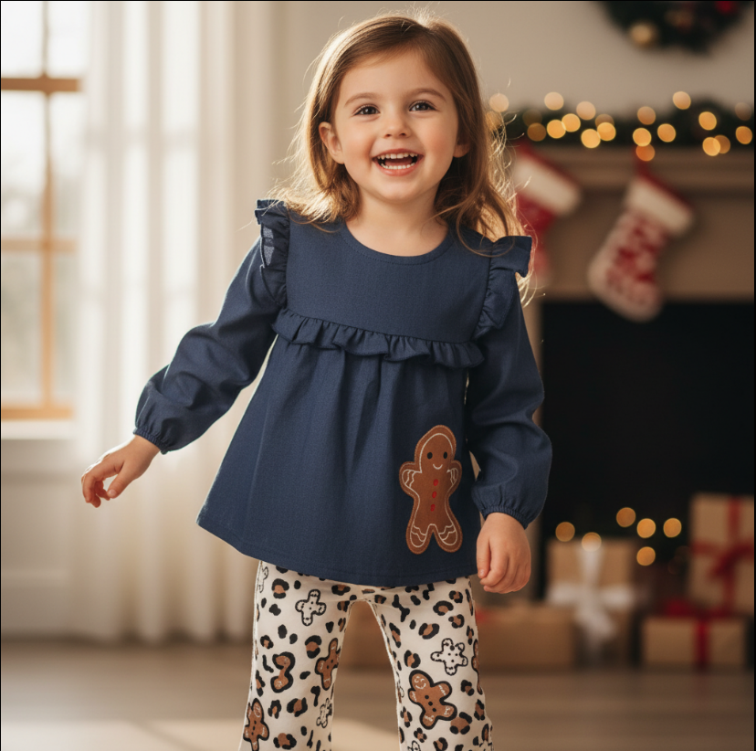 Girls Gingerbread Holiday Outfit – Navy Ruffle Top & Gingerbread Print Bell Bottom Pants Set