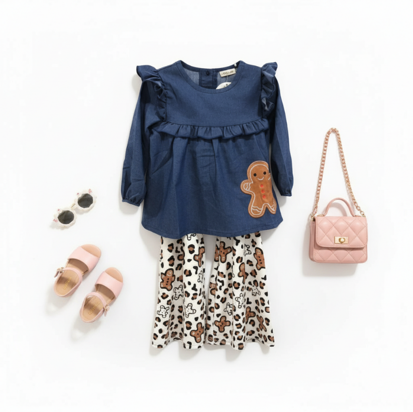 Girls Gingerbread Holiday Outfit – Navy Ruffle Top & Gingerbread Print Bell Bottom Pants Set