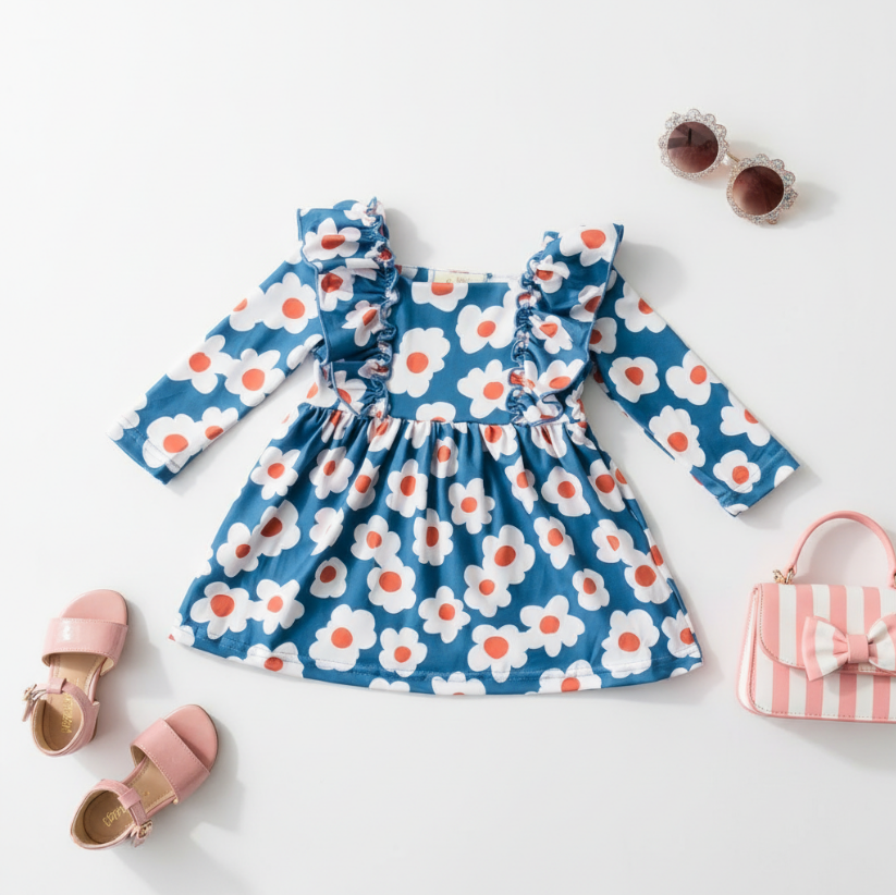 Girls Daisy Ruffle Dress – Blue & Orange Floral Long Sleeve Boutique Dress