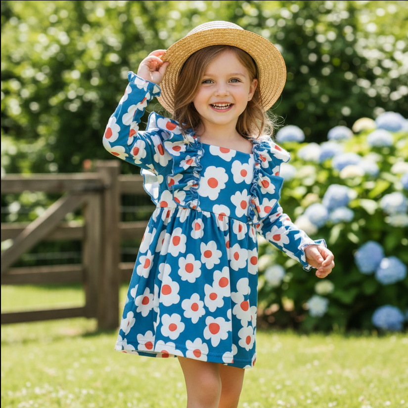 Girls Daisy Ruffle Dress – Blue & Orange Floral Long Sleeve Boutique Dress