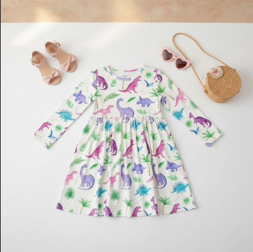 Girls Dino Darling Twirl Dress – Colorful Dinosaur Print Long Sleeve Dress for Toddlers