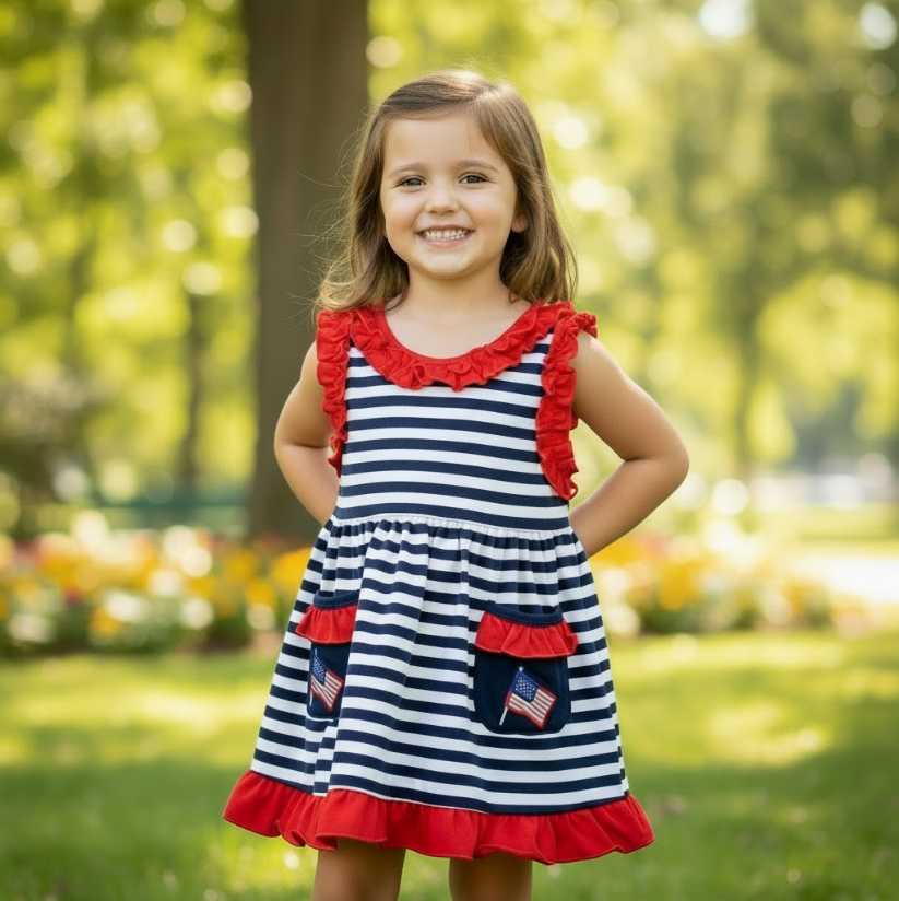 Girls Patriotic Flag Dress – Red, White & Blue Sleeveless Outfit with Ruffle Trim & Pocket Flags