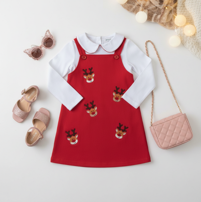 Girls Red Reindeer Skirtall Christmas Outfit – Embroidered Jumper Dress with White Peter Pan Collar Top