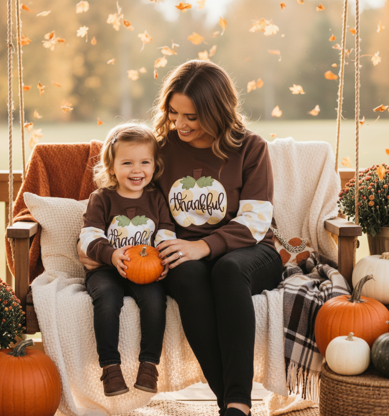 Kids Thankful Pumpkin Crewneck – Brown & Gold Dot Long Sleeve Fall Top (Mom & Me Matching)