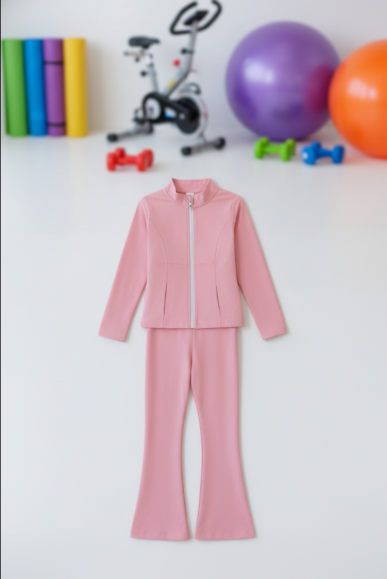 Kids’ Long Sleeve Yoga Set – Pink Zip Jacket & Flared Pants for Girls’ Activewear, Dance & Mindful Movement
