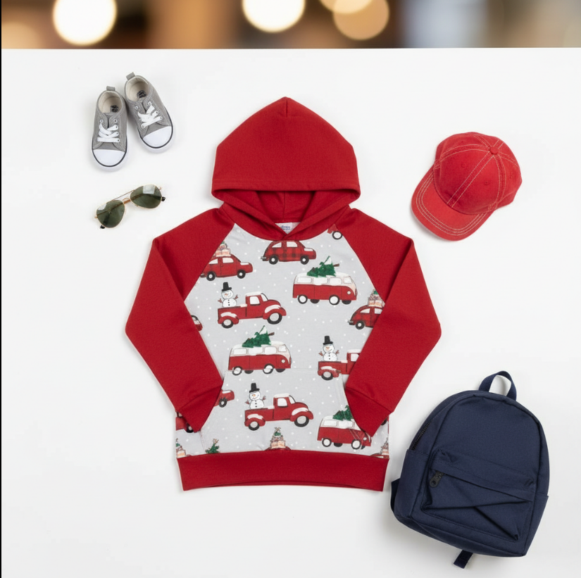 Kids Holiday Tree Car Hoodie – Red & Gray Christmas Pullover with Festive Truck Print