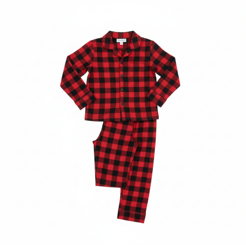 Boys Buffalo Plaid Pajama Set – Red & Black Checkered Button-Up Sleepwear for Winter & Holidays