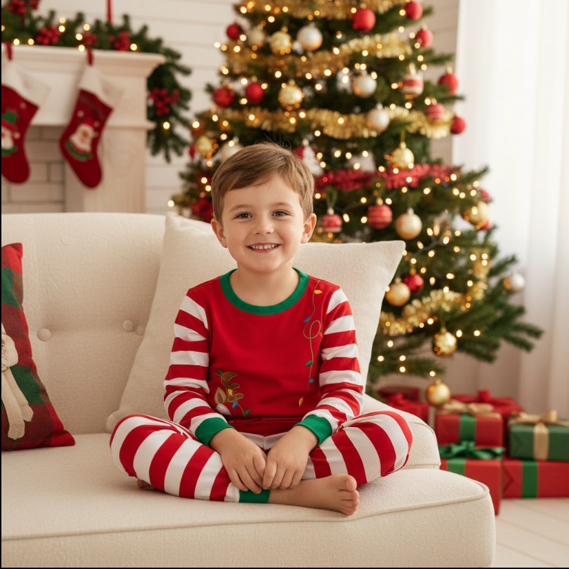 Boys Reindeer Raglan Pajama Set – Red & White Striped Holiday PJs with Christmas Graphic Top