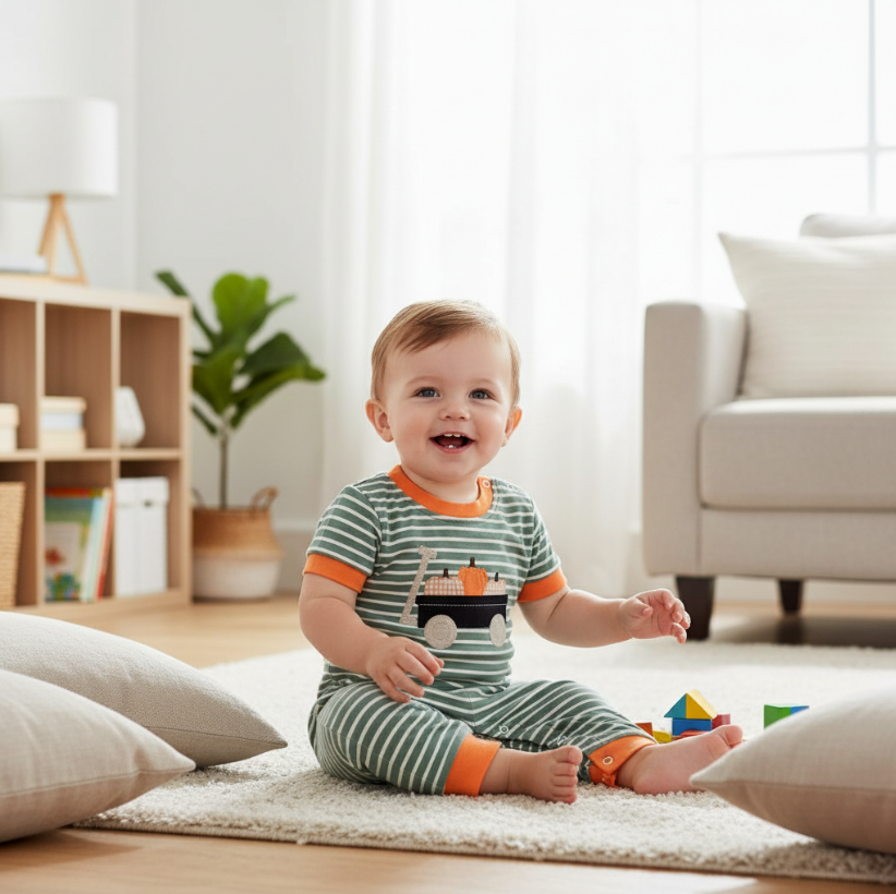 Pumpkin Wagon Baby Boy Romper – Green Stripe Fall Outfit with Truck & Pumpkin Appliqué