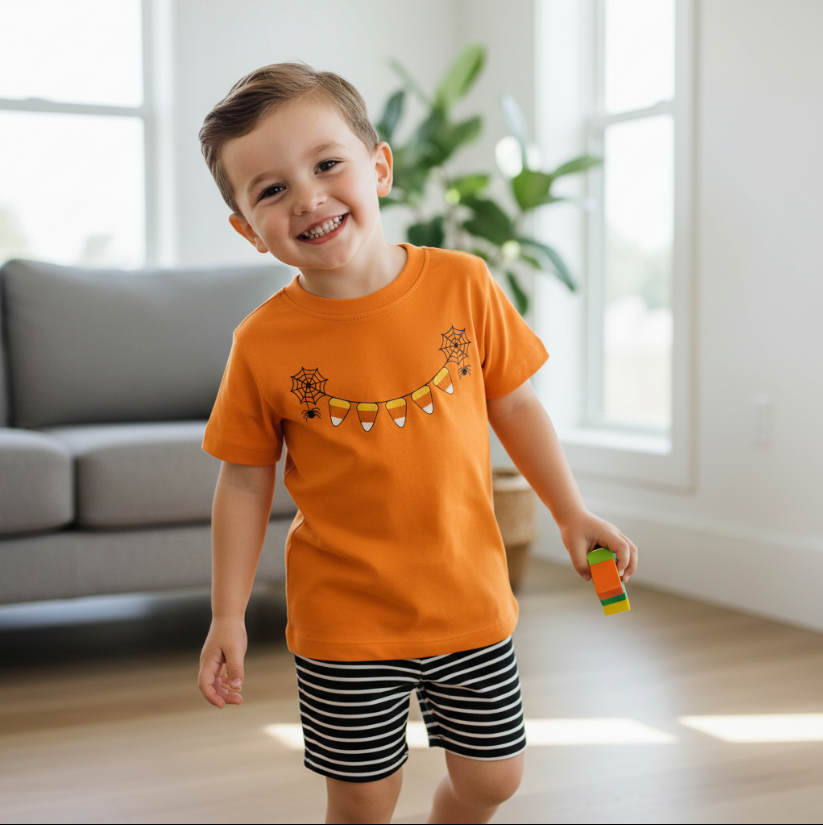 Boys Candy Corn Halloween Outfit – Orange Graphic Tee & Striped Shorts Fall Set
