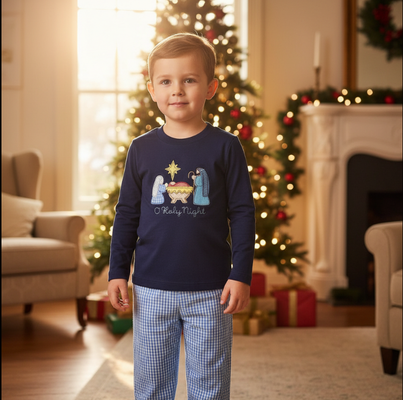 Boys O’ Holy Night Christmas Pajama Set – Nativity Graphic Long Sleeve Top & Checkered Pants