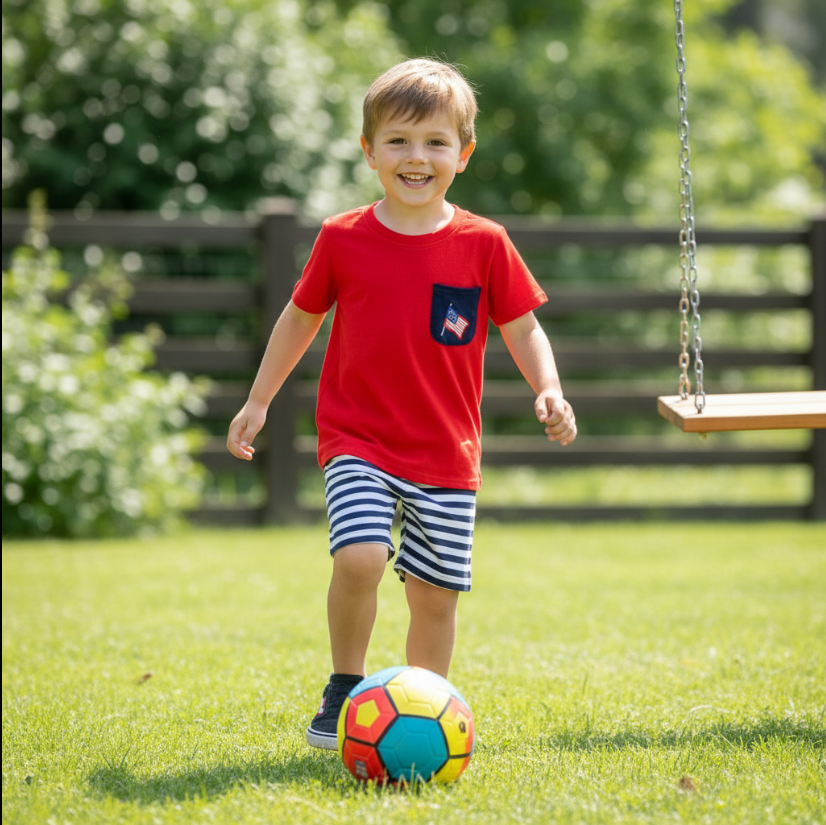 Boys American Flag Summer Outfit – Red Pocket Tee & Blue Stripe Shorts Patriotic Set