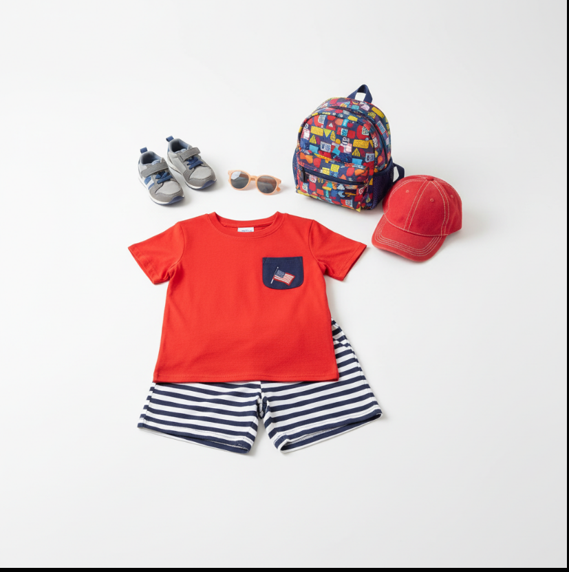 Boys American Flag Summer Outfit – Red Pocket Tee & Blue Stripe Shorts Patriotic Set