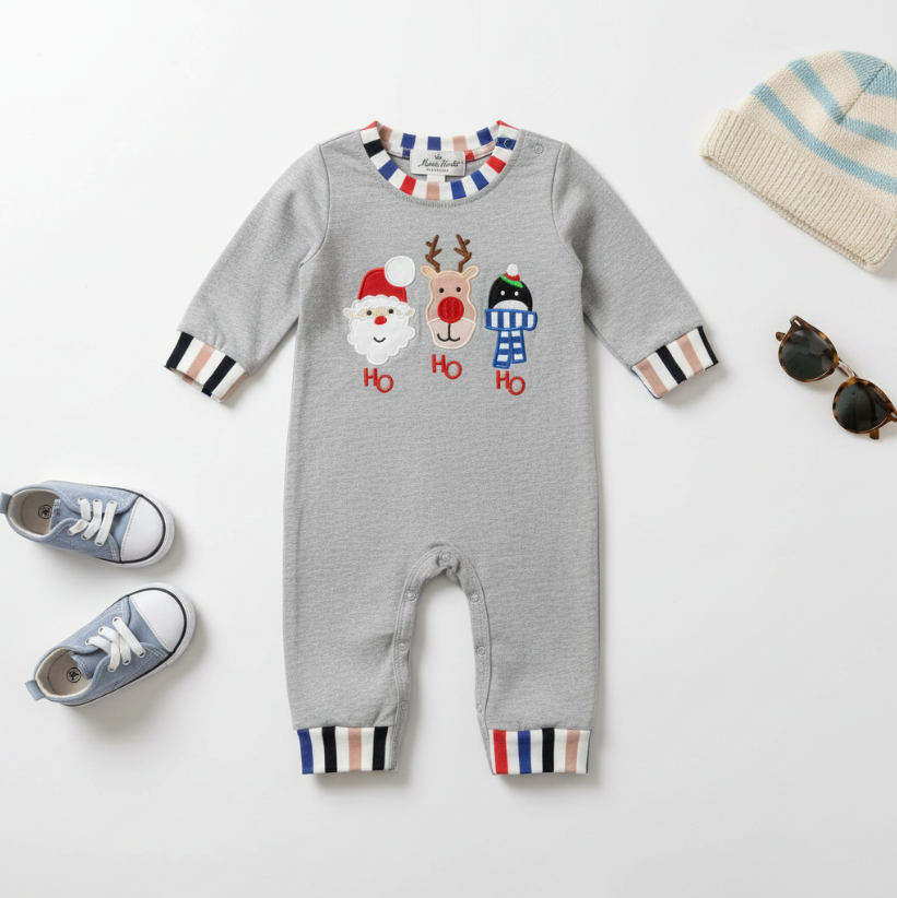 Boys Ho Ho Ho Holiday Romper – Grey Long Sleeve Christmas One-Piece with Santa, Reindeer & Penguin
