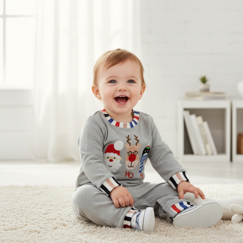 Boys Ho Ho Ho Holiday Romper – Grey Long Sleeve Christmas One-Piece with Santa, Reindeer & Penguin