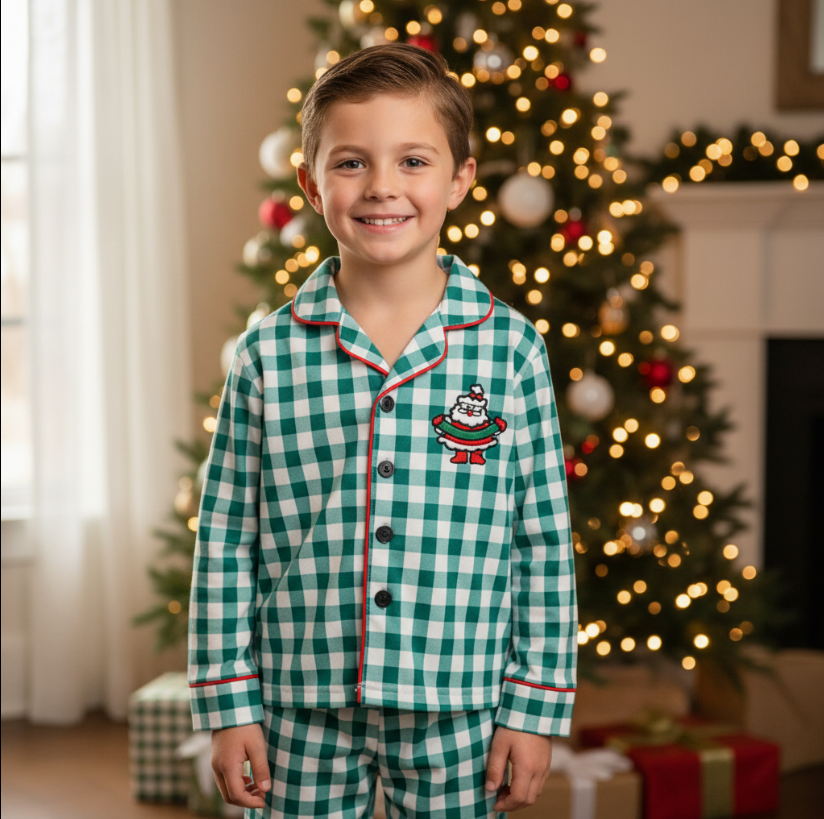 Boys Green Plaid Santa Pajama Set – Holiday Button-Up Sleepwear with Red Piping & Embroidered Santa